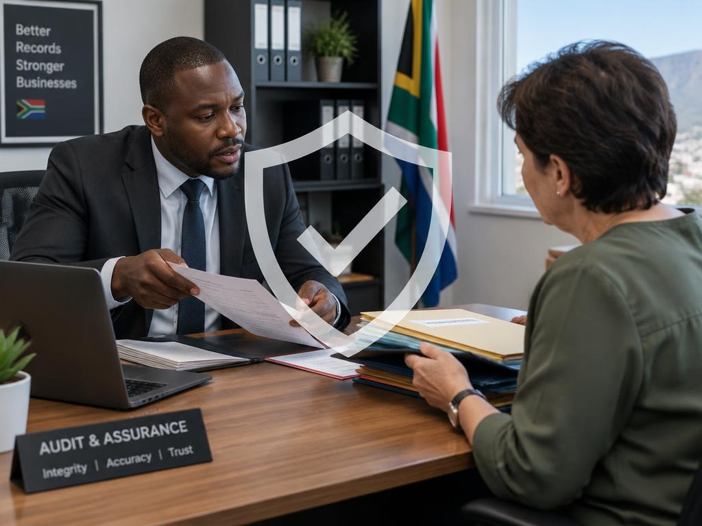 Auditor reviewing business files with an owner, with a shield overlay