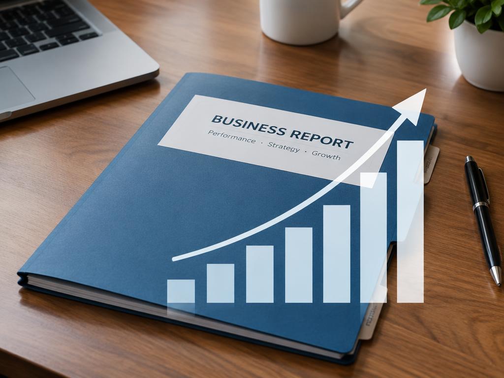 Business report folder on a table with a rising graph overlay
