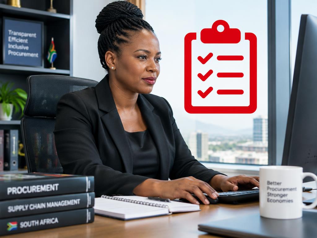 Procurement executive working at her computer with a red clipboard checklist overlay